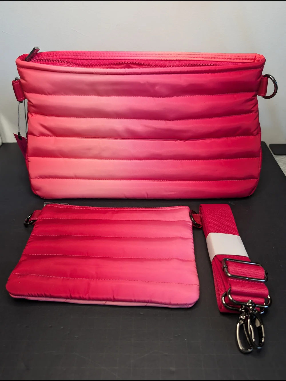 THINK ROYLN Pink Ombre Quilted Crossbody Bag Zip Silver Hardware Strap & Pouch